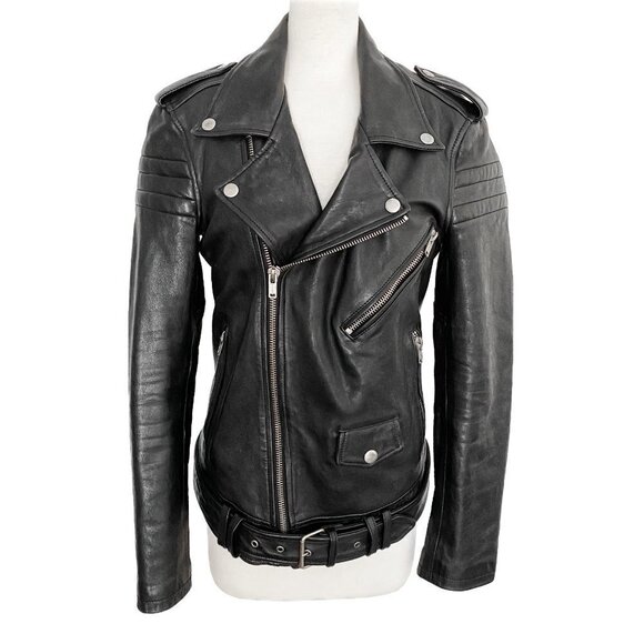 BLK DNM Motorcycle Biker Black Leather Belted Zipper Detail Jacket - Picture 3 of 10